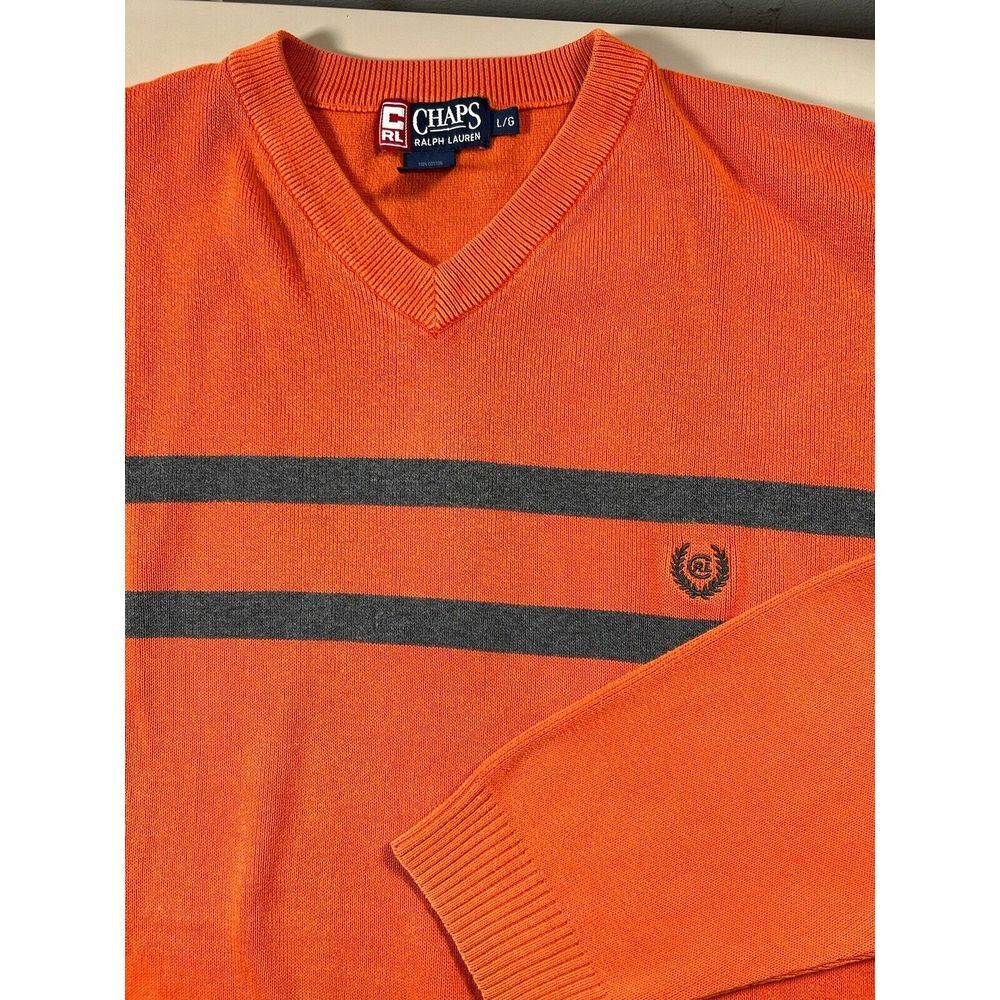 Chaps Ralph Lauren Mens Orange Striped V-Neck Cotton Sweater Large 706140